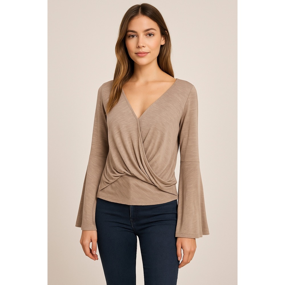 Revolve Blue Life‎ Modal Neutral Brown Bell Sleeve Faux Wrap Hayley Top. Size XS